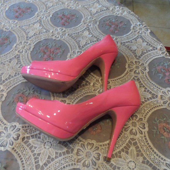 Prada Rose Pink Patent Leather Peep Toe Platform Heels Size 38B - Picture 7 of 16